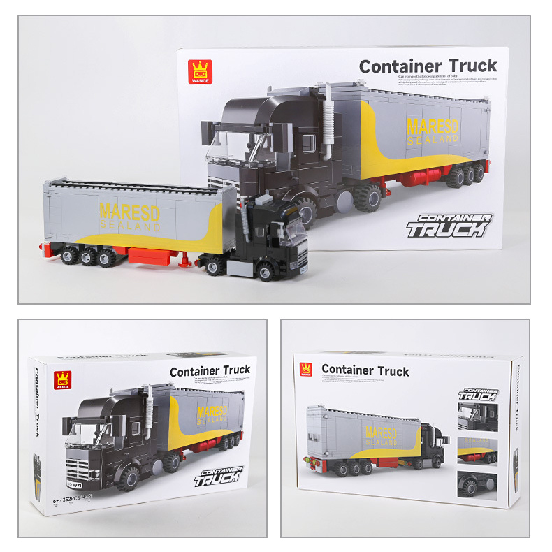 WANGE Container Truck building blocks set with completed cargo truck model and retail packaging displayed from multiple angles
