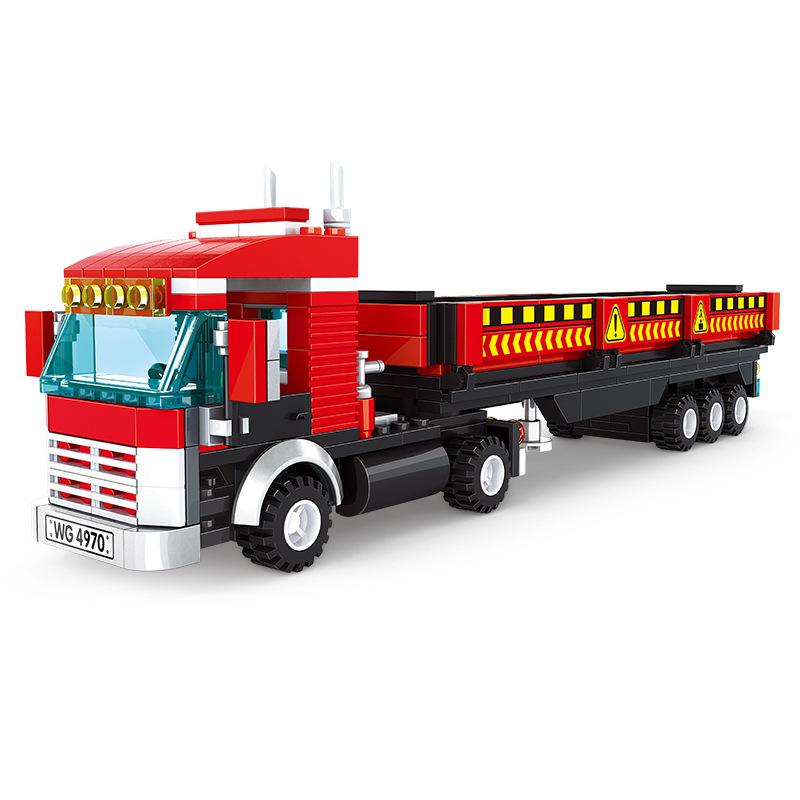 WANGE Heavy Truck building blocks cargo transport vehicle model with red cab, long trailer, and detailed truck structure displayed on a plain background