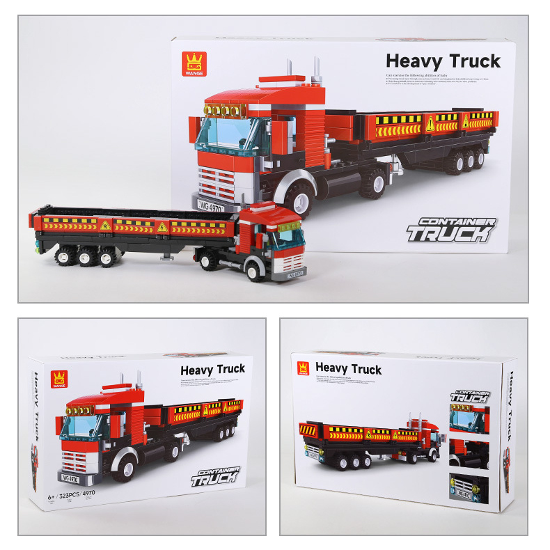 WANGE Heavy Truck building blocks model displayed with packaging box and multiple product box viewing angles for the container truck set