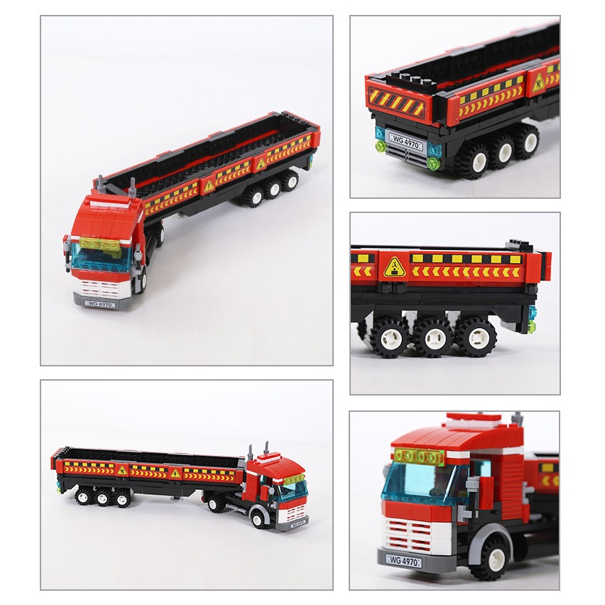 Collage showing multiple views and close-up details of the WANGE Heavy Truck building blocks cargo transport vehicle model