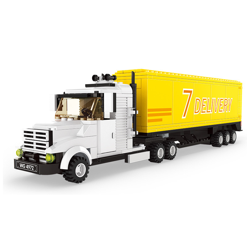 Detailed WANGE cargo transport truck building blocks model with long yellow delivery container trailer and realistic multi-axle vehicle design