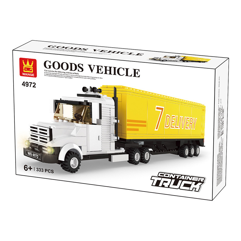 WANGE Goods Vehicle building blocks packaging featuring a detailed white cargo truck with yellow container trailer design and 333-piece construction set