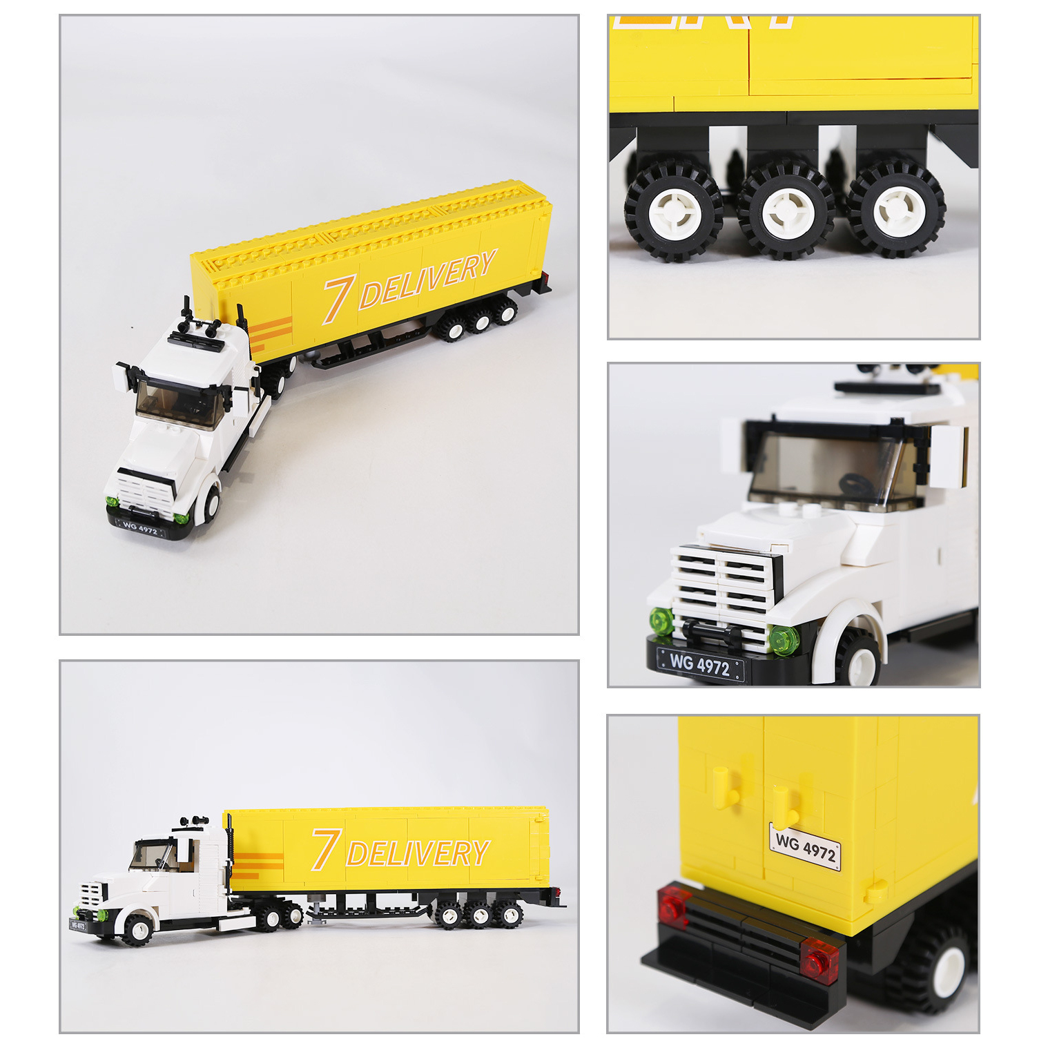 Detailed WANGE Goods Vehicle building blocks collage showcasing the cargo truck model, trailer design, wheel details, front grille, and rear container features