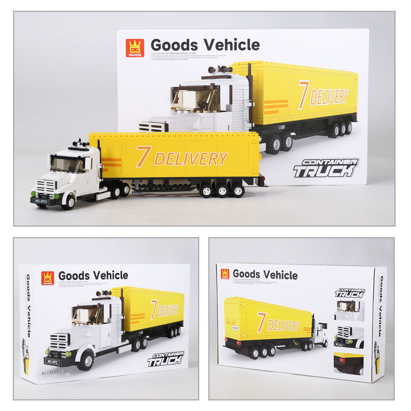 WANGE Goods Vehicle container truck building blocks displayed with packaging box, featuring a detailed yellow cargo trailer and realistic transport vehicle design