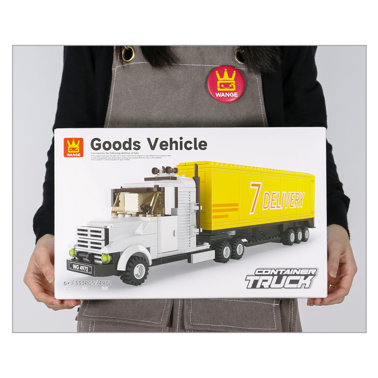 WANGE cargo transport truck building blocks set with large display packaging featuring a realistic container trailer vehicle model design