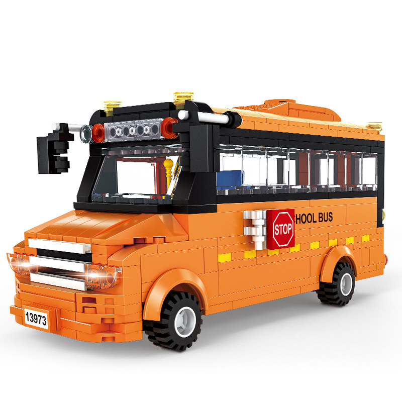 Detailed WANGE School Bus building block model featuring an orange school bus design with transparent side windows, roof lights, and display-ready vehicle styling