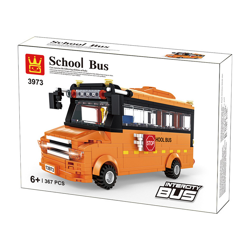WANGE School Bus building blocks set in original color box packaging featuring a detailed orange school bus vehicle model with 367 pieces