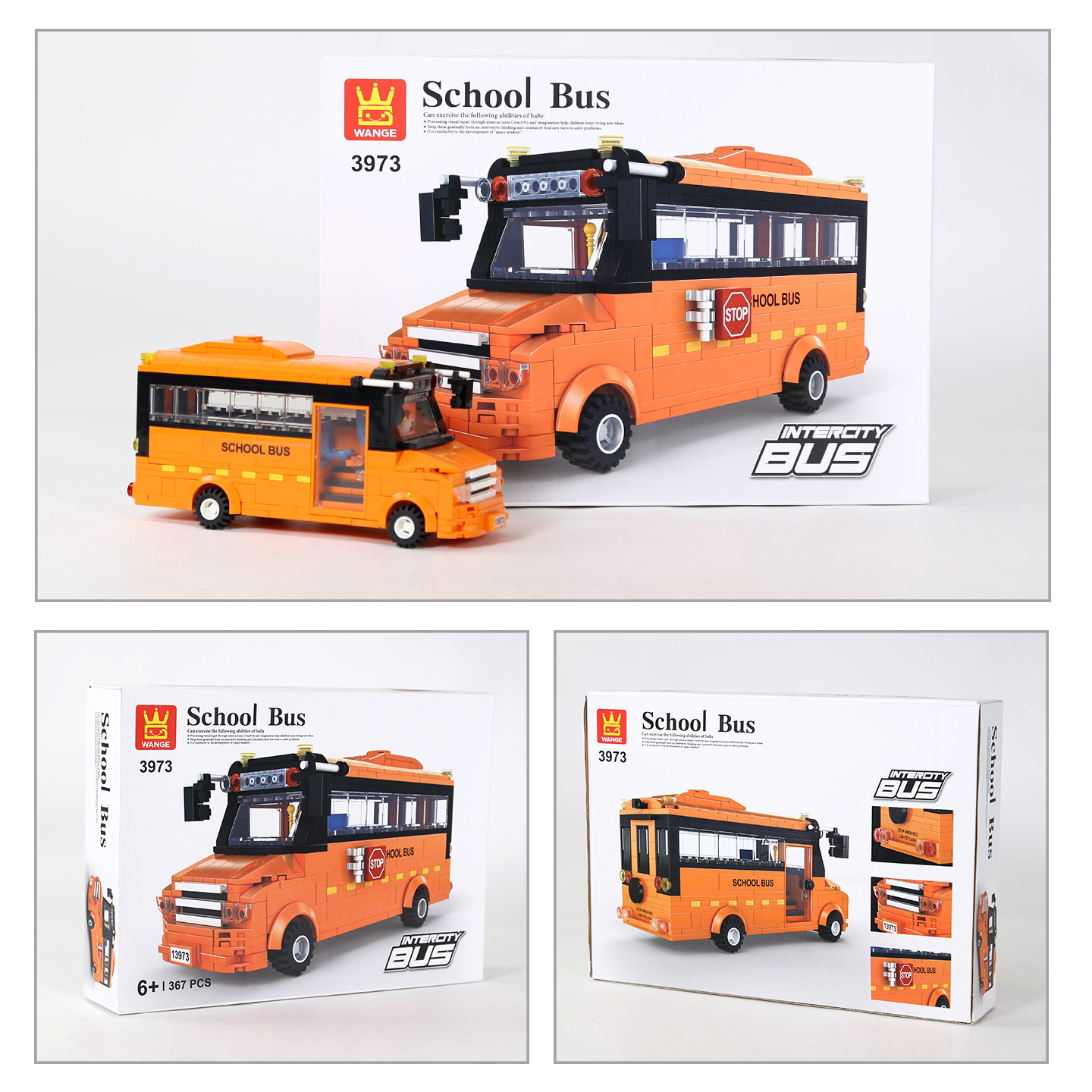 WANGE School Bus building blocks set with completed orange bus model and original packaging box, suitable for display, collection, and vehicle-themed building fun