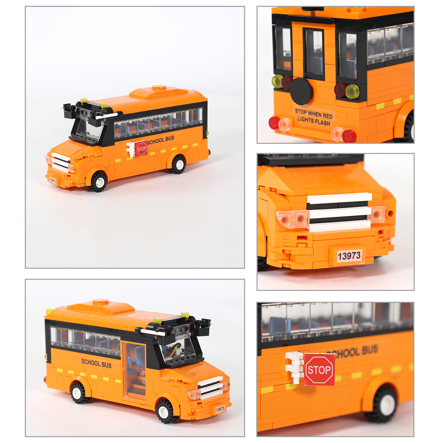 Detailed WANGE School Bus building block model showcasing transparent windows, opening side door, roof lights, front grille, rear lights, and realistic school bus details