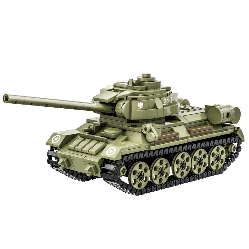 Olive green T-34-85 medium tank building blocks model featuring detailed tracks, rotating turret design, and armored vehicle display aesthetics