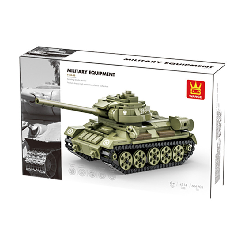 WANGE T-34-85 Medium Tank building blocks set with retail packaging featuring detailed armored vehicle model artwork and military equipment series design
