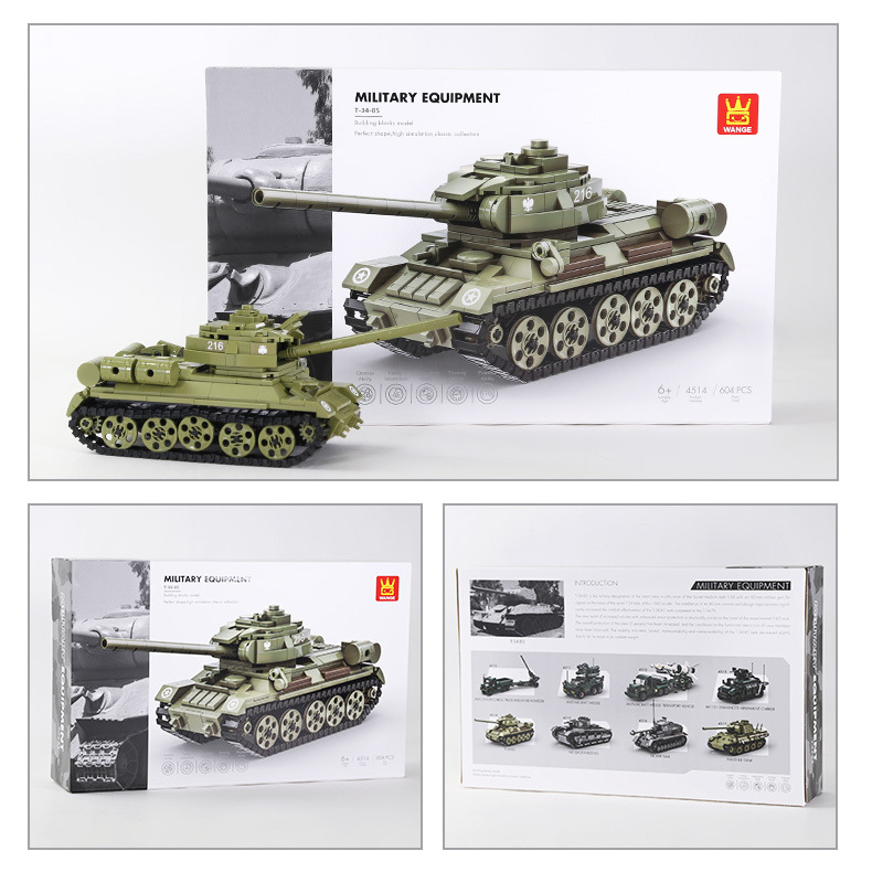 WANGE T-34-85 Medium Tank building blocks set with completed model, front packaging design, and military series collection box presentation