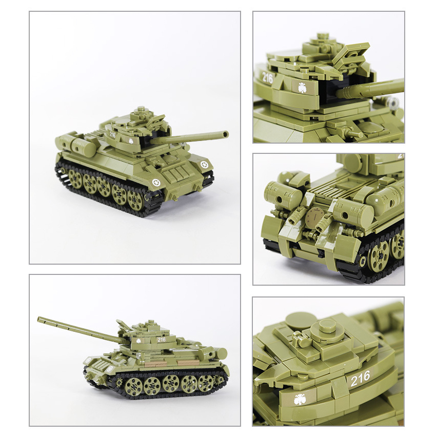 T-34-85 medium tank building blocks collage featuring detailed turret, cannon barrel, track system, and close-up armored vehicle construction elements