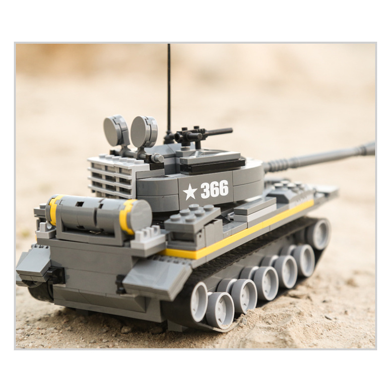 Rear angle view of WANGE T-54 medium tank building blocks model featuring tracked chassis, turret details, rear fuel tank, and realistic military vehicle styling on sandy terrain