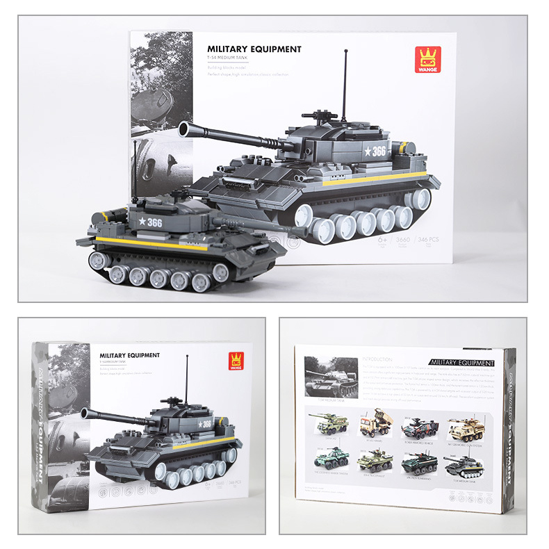 WANGE T-54 medium tank building blocks set with completed armored vehicle model, retail packaging, and military series collection box presentation