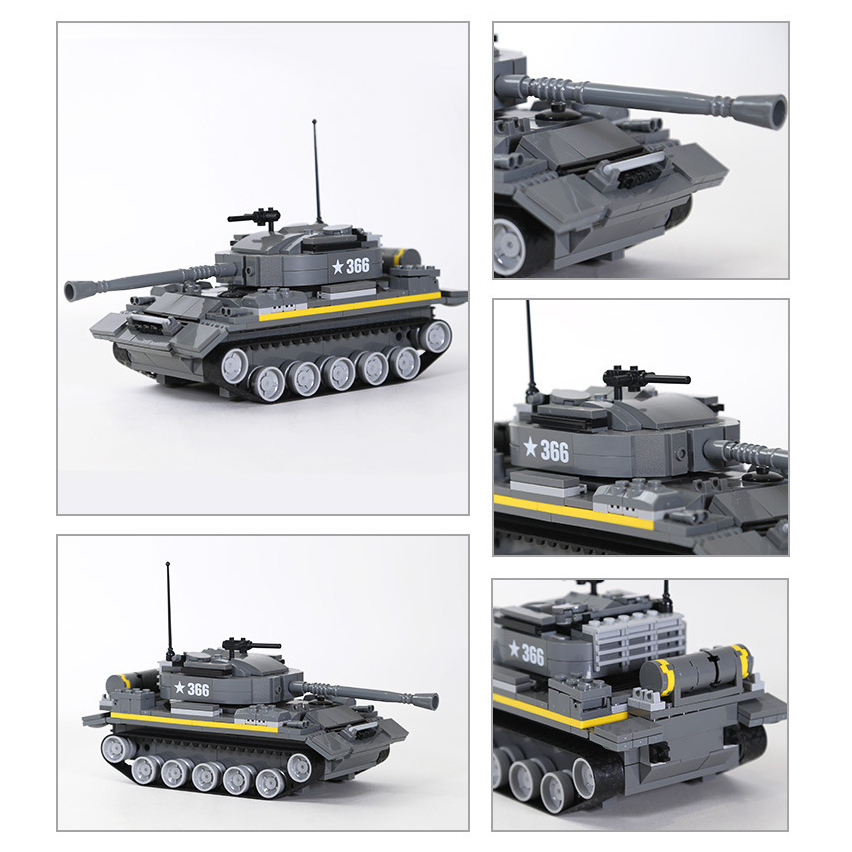 WANGE T-54 medium tank building blocks model with multiple angle views highlighting turret details, cannon barrel, armor panels, tracks, and rear equipment design