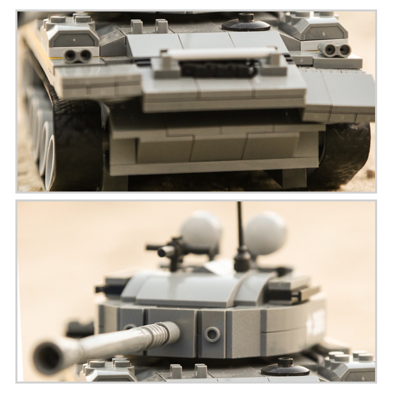 Close-up details of WANGE T-54 medium tank building blocks model highlighting front armor construction, cannon barrel, turret structure, and realistic military design elements