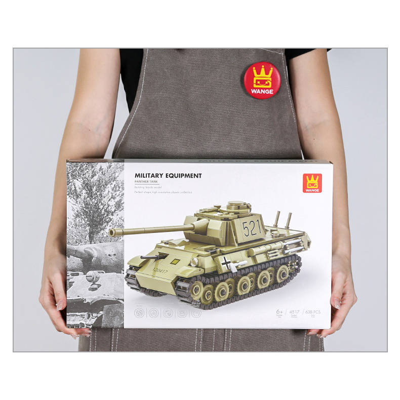 WANGE Panther Tank building blocks set with large collectible packaging box and detailed military vehicle artwork display
