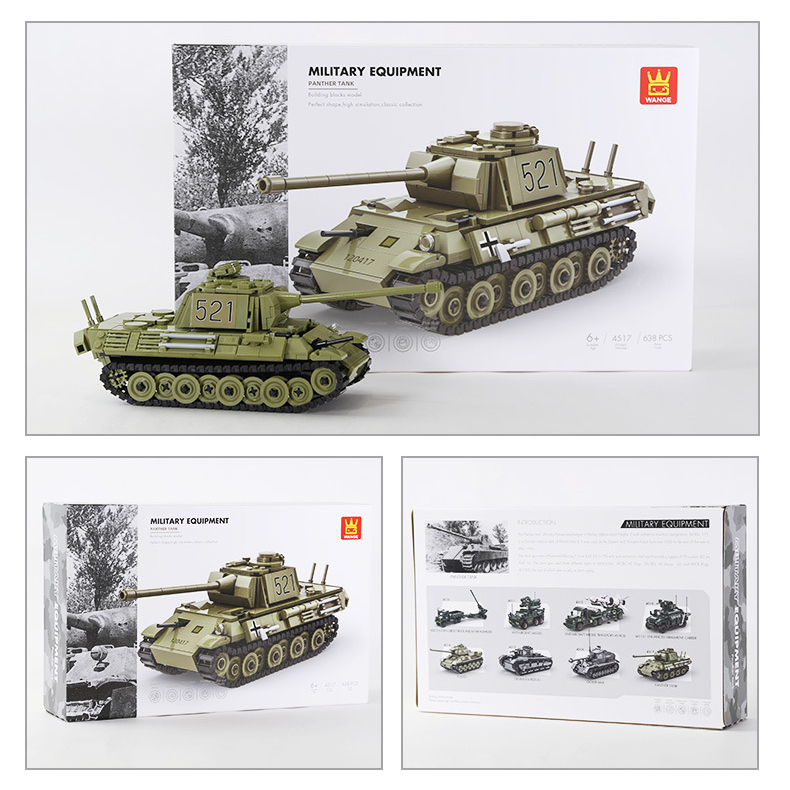 WANGE Panther Tank building blocks set with completed tank model, collectible packaging box, and illustrated military series presentation