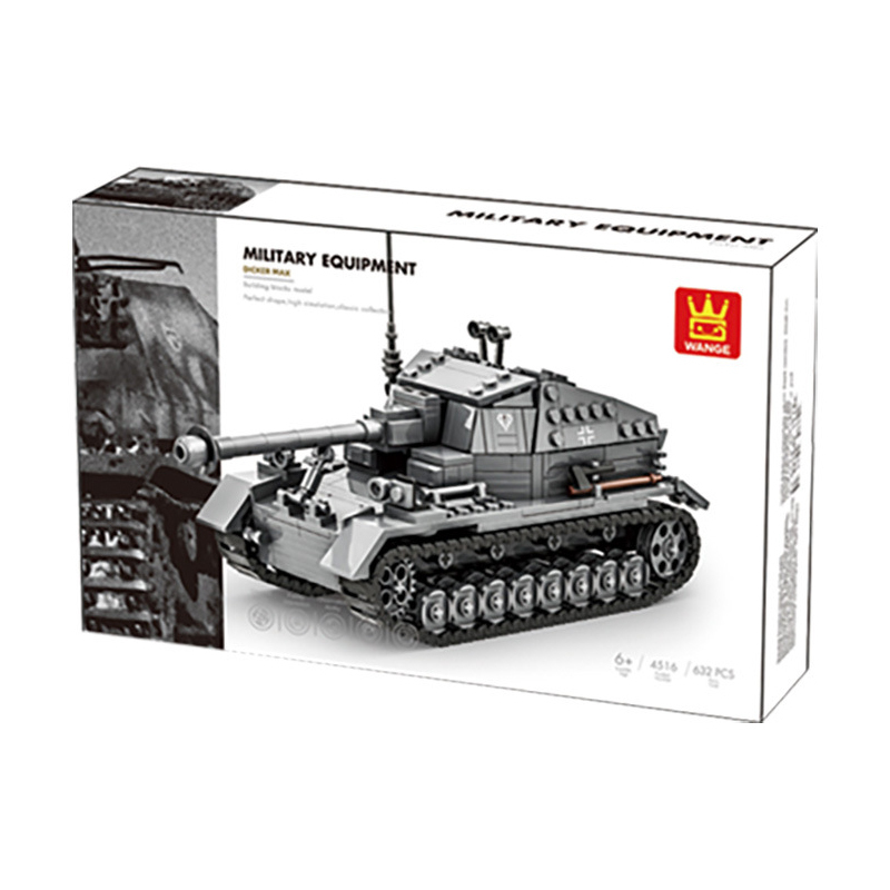 WANGE Dicker Max building blocks retail packaging with assembled military equipment model display on box front