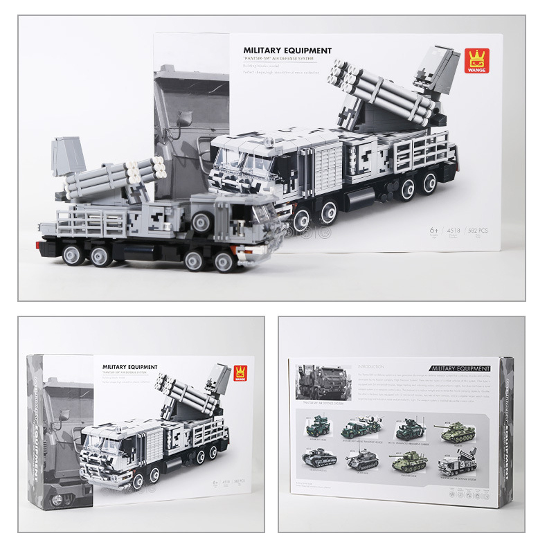 WANGE Pantsir-SM air defense system building blocks set displayed with product packaging, military vehicle model, and detailed collector-style presentation box