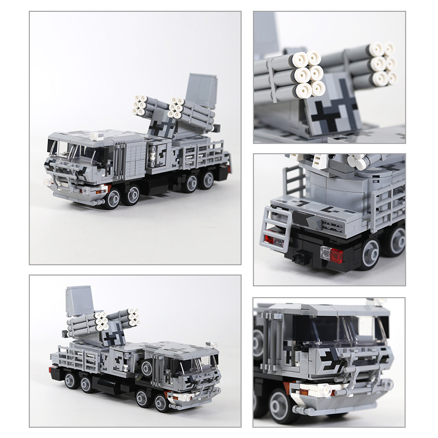 WANGE Pantsir-SM air defense system building blocks collage featuring missile launcher close-up details, truck cabin design, rear structure, and multi-angle vehicle views