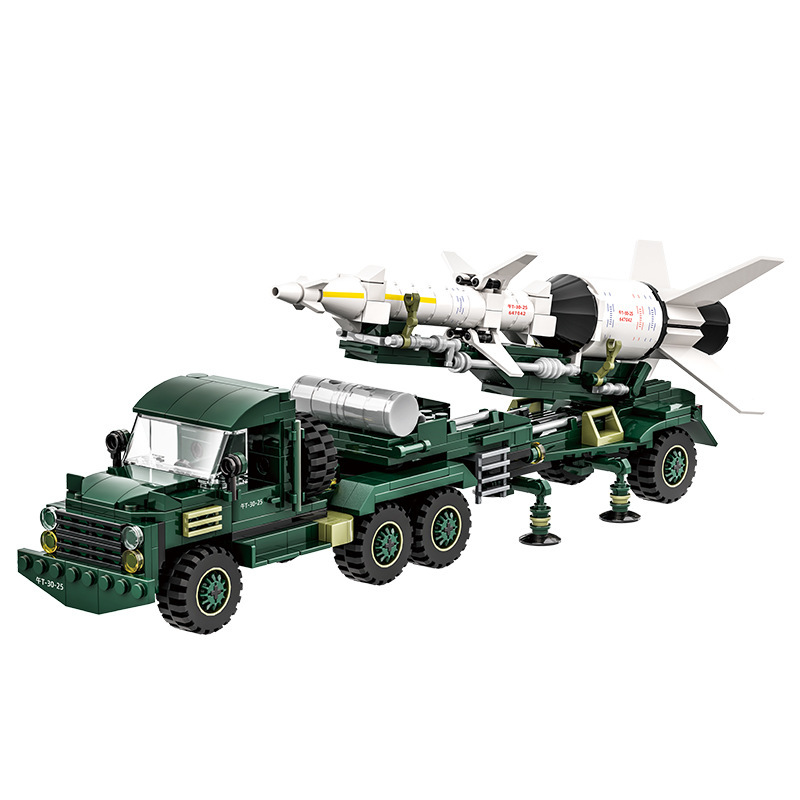 Anti-aircraft missile transport vehicle building blocks model featuring stabilizing support legs, transport platform, and missile details