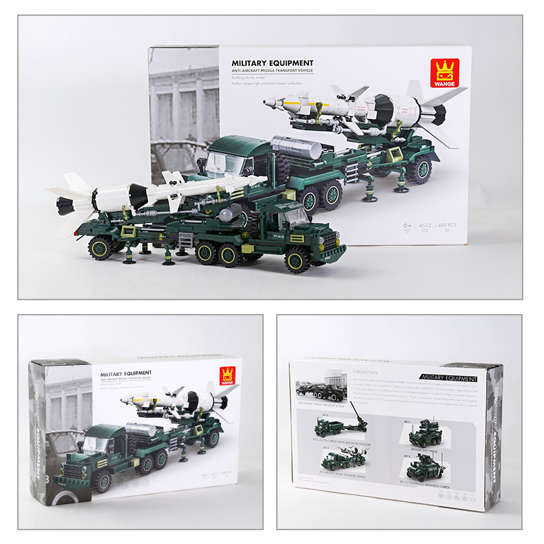 WANGE anti-aircraft missile transport vehicle building blocks set displayed with packaging box and multiple product presentation angles