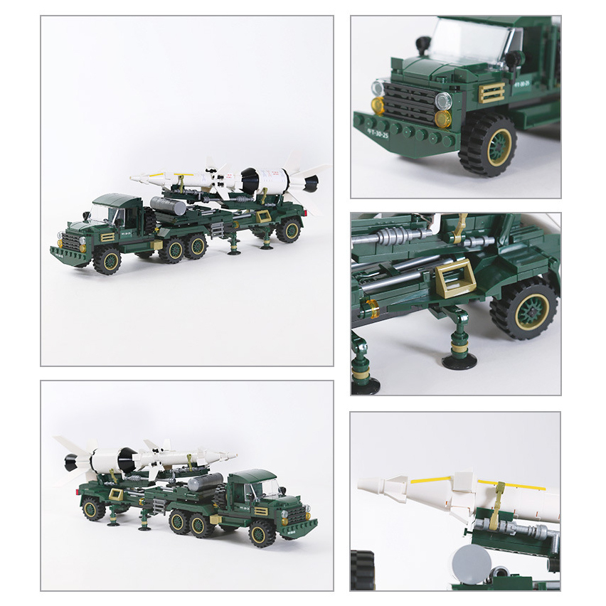 Collage of WANGE anti-aircraft missile transport vehicle building blocks featuring close-up views of truck cab, missile launcher, wheels, and support details