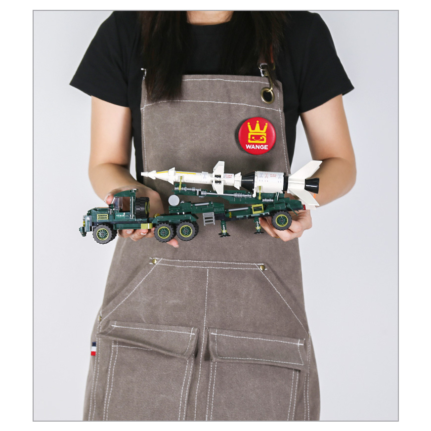 Completed anti-aircraft missile transport vehicle building blocks model with detailed missile launcher and military transport truck structure