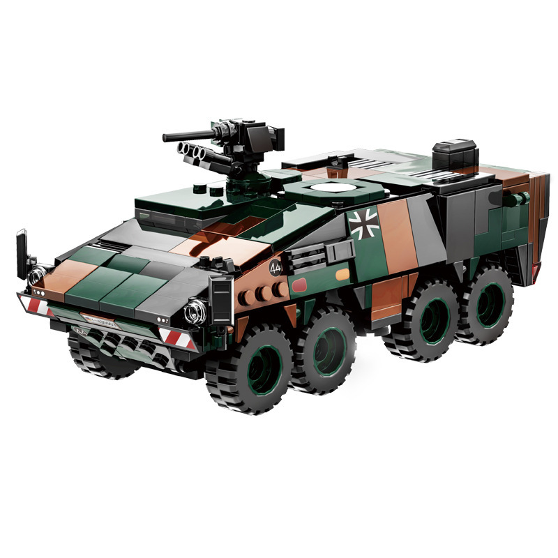 Boxer armored vehicle building blocks model featuring detailed armored body, military camouflage panels, heavy-duty wheels, and top-mounted weapon system