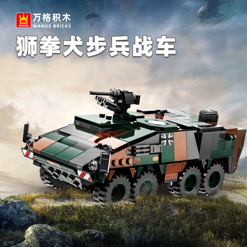 WANGE Boxer armored vehicle building blocks model with military camouflage design, rugged 8×8 wheels, and rotating weapon system in battlefield display scene