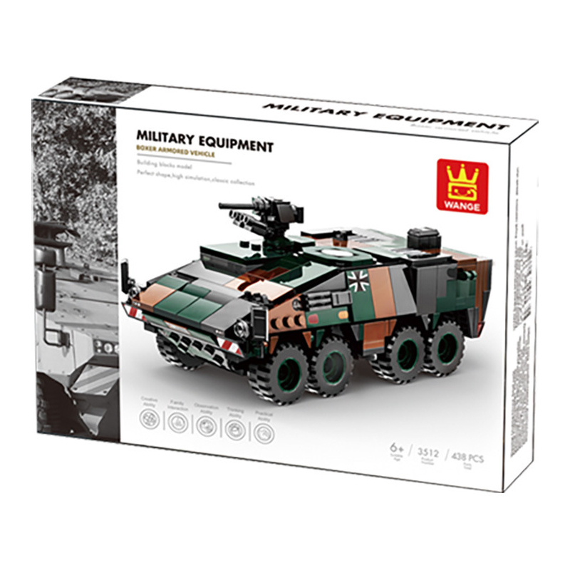 WANGE Boxer armored vehicle building blocks packaging featuring military camouflage vehicle artwork and 438-piece construction model design