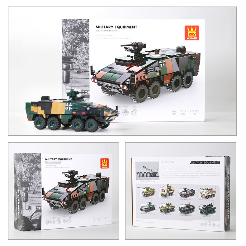 WANGE Boxer armored vehicle building blocks set with completed model, front and back packaging design, and collectible military series presentation