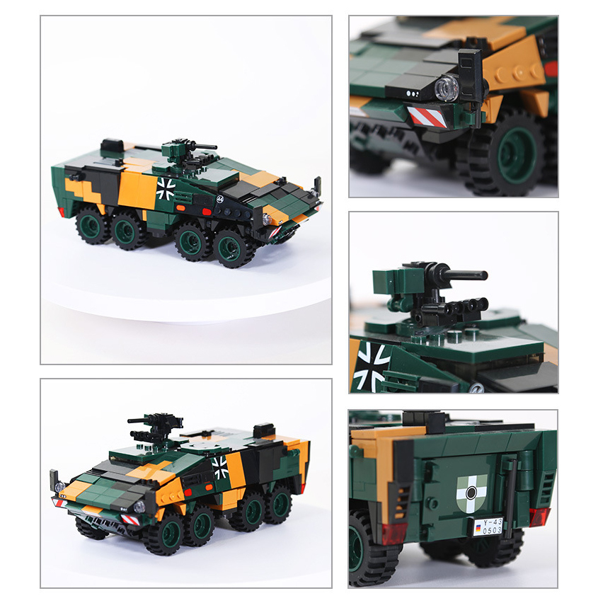 Boxer armored vehicle building blocks model with camouflage panels, rotating turret, detailed headlights, rear compartment, and rugged 8-wheel military design