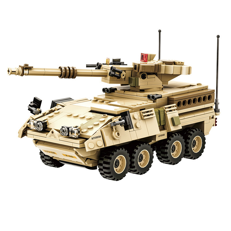 Detailed WANGE M1128 Mobile Gun System building blocks armored vehicle with rotating cannon turret, textured wheels, and realistic military styling