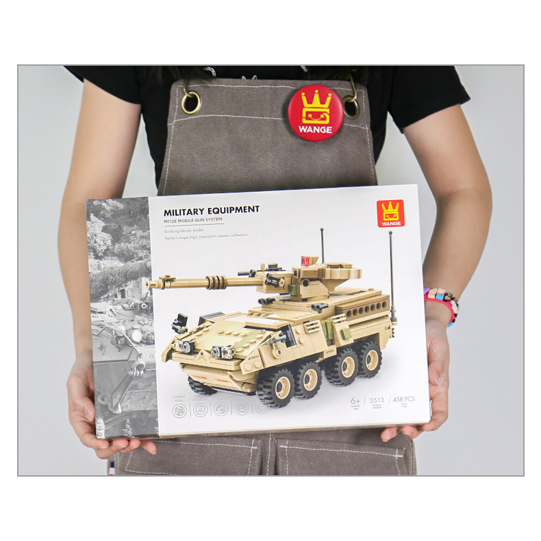 WANGE M1128 Mobile Gun System building blocks retail box showcasing the completed armored vehicle model and military equipment series packaging