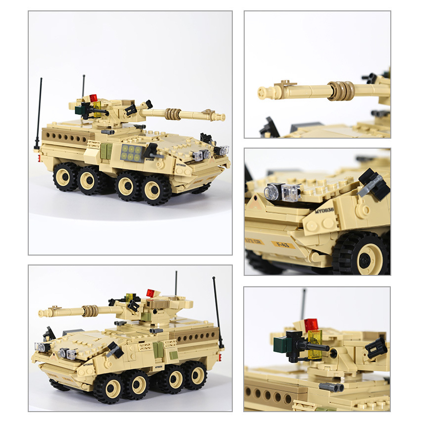 WANGE M1128 Mobile Gun System building blocks collage featuring detailed cannon barrel, armored body panels, headlights, and realistic military vehicle construction details