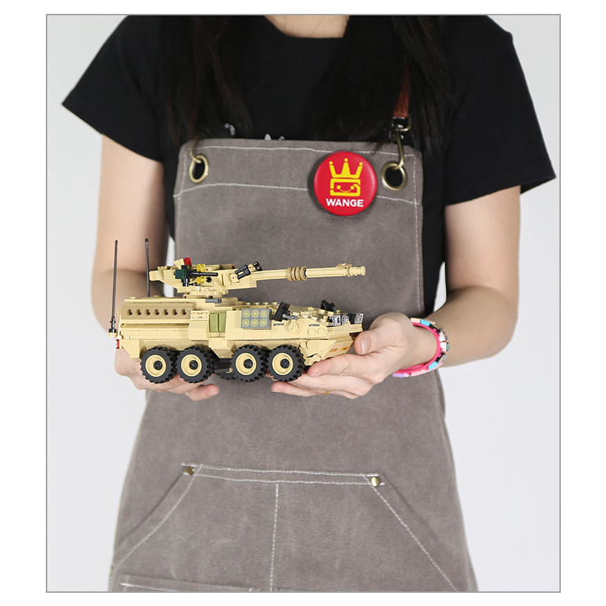 Completed WANGE M1128 Mobile Gun System building blocks model with detailed cannon turret, eight-wheel chassis, and realistic military vehicle styling
