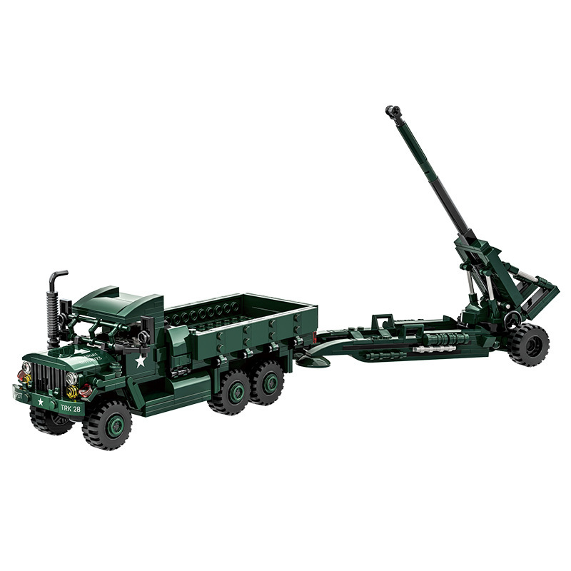 WANGE M35A2 cargo truck and M198 howitzer building blocks model featuring realistic military transport styling, towing structure, and articulated cannon details on a clean background