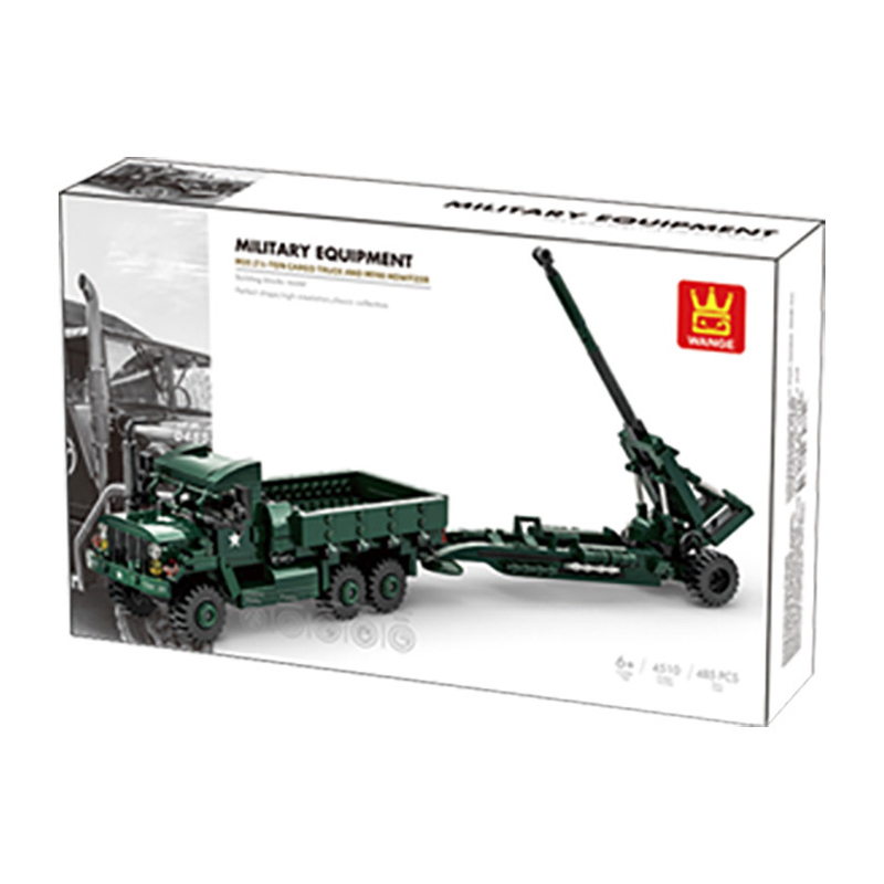 WANGE M35A2 cargo truck and M198 howitzer building blocks packaging featuring military-themed artwork and detailed vehicle model illustration