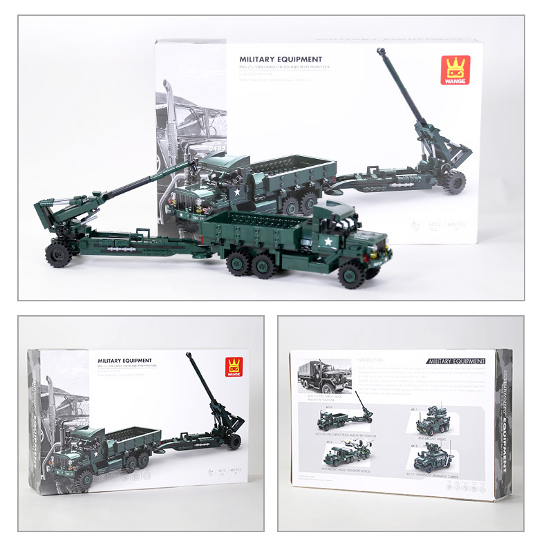 WANGE M35A2 cargo truck and M198 howitzer building blocks displayed with retail packaging, showcasing military transport styling and detailed artillery construction