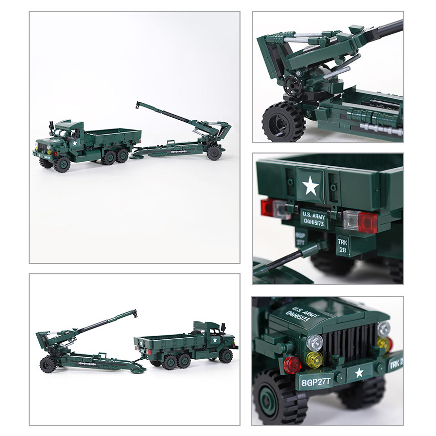 WANGE M35A2 cargo truck and M198 howitzer building blocks collage featuring articulated cannon details, military truck design, and close-up views of wheels, lights, and rear markings