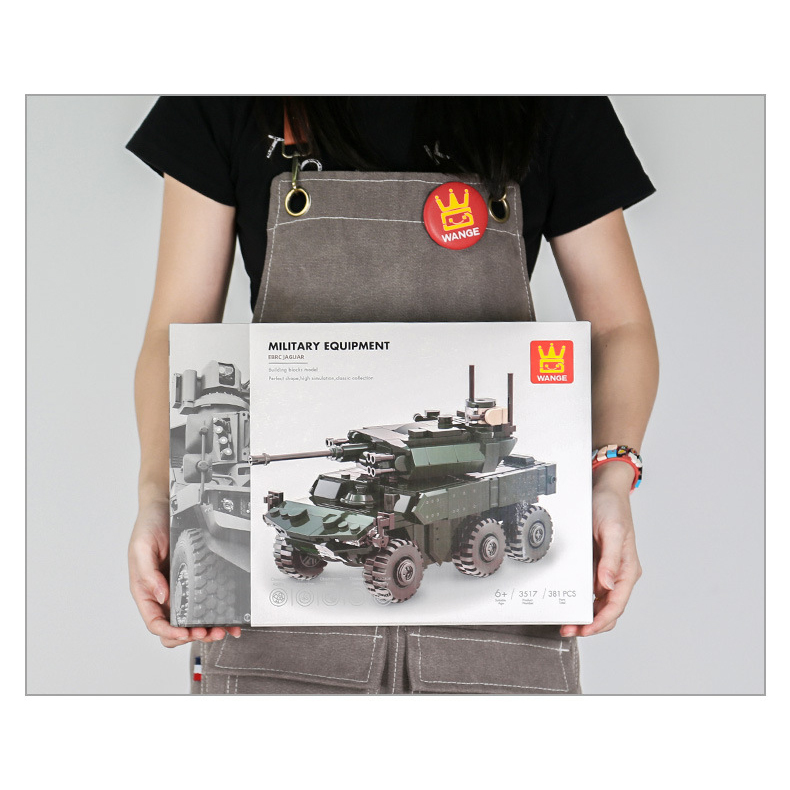 WANGE EBRC Jaguar building blocks box shown for packaging size reference with detailed military armored vehicle artwork and collector-style presentation