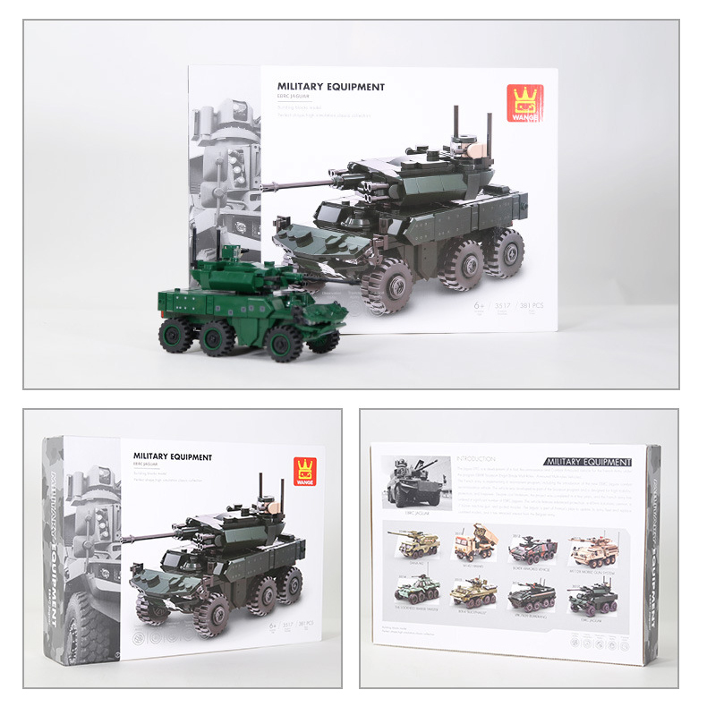 WANGE EBRC Jaguar building blocks model displayed with retail packaging, featuring front and back box artwork and assembled armored vehicle presentation