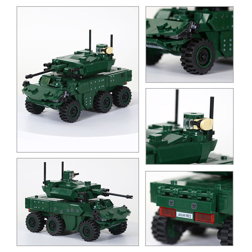 WANGE EBRC Jaguar armored vehicle building blocks collage highlighting detailed turret, rugged wheels, rear section, and military reconnaissance vehicle design