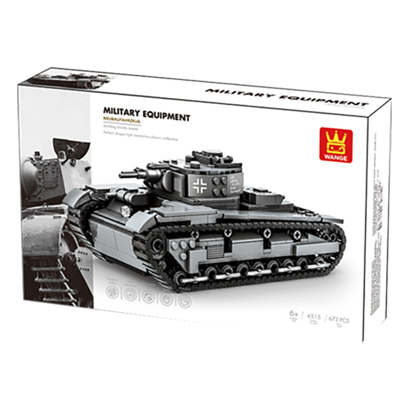WANGE Neubaufahrzeug NBFZ heavy tank building blocks packaging box with completed military armor model artwork and product presentation