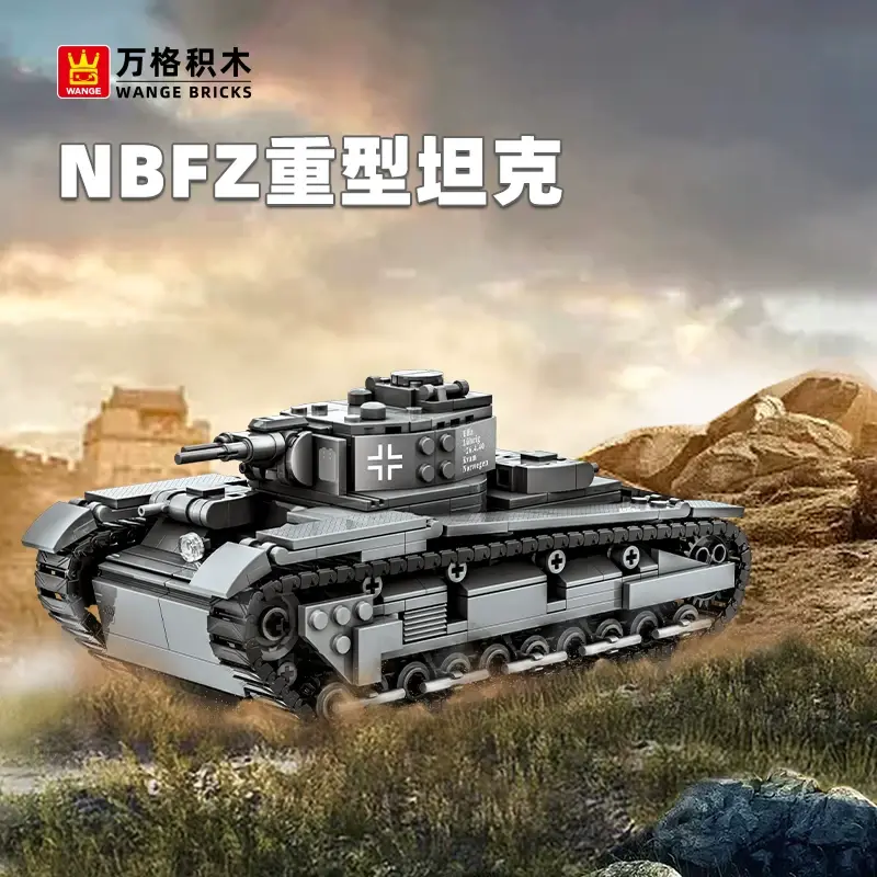 WANGE Neubaufahrzeug NBFZ heavy tank building blocks model displayed in a rugged battlefield-style setting with detailed multi-turret armor design