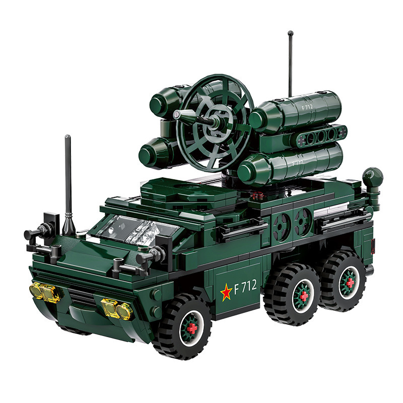 Anti-aircraft missile vehicle building blocks featuring detailed armored truck design, radar array, missile pods, and multi-wheel chassis display model