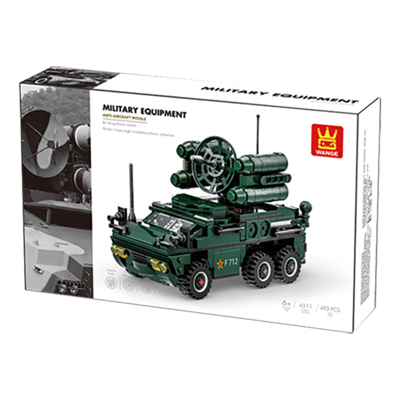WANGE anti-aircraft missile vehicle building blocks retail packaging featuring armored missile truck artwork and military equipment theme